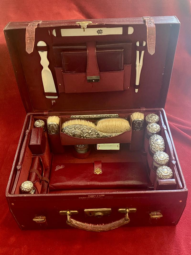 Stunning Victorian Ladies Red Moroccan Leather Travelling Vanity Case with Silver Topped Accessories by Mappin & Webb of London 1901