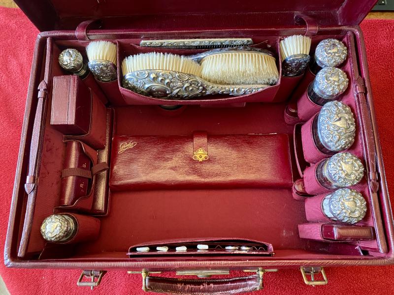 Stunning Victorian Ladies Red Moroccan Leather Travelling Vanity Case with Silver Topped Accessories by Mappin & Webb of London 1901