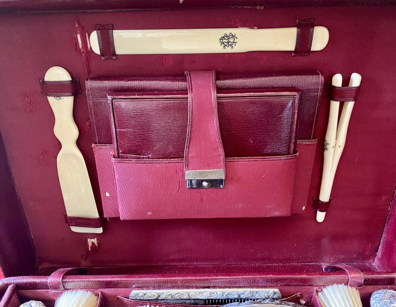 Stunning Victorian Ladies Red Moroccan Leather Travelling Vanity Case with Silver Topped Accessories by Mappin & Webb of London 1901