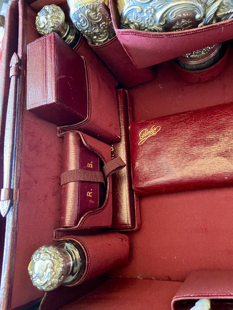 Stunning Victorian Ladies Red Moroccan Leather Travelling Vanity Case with Silver Topped Accessories by Mappin & Webb of London 1901
