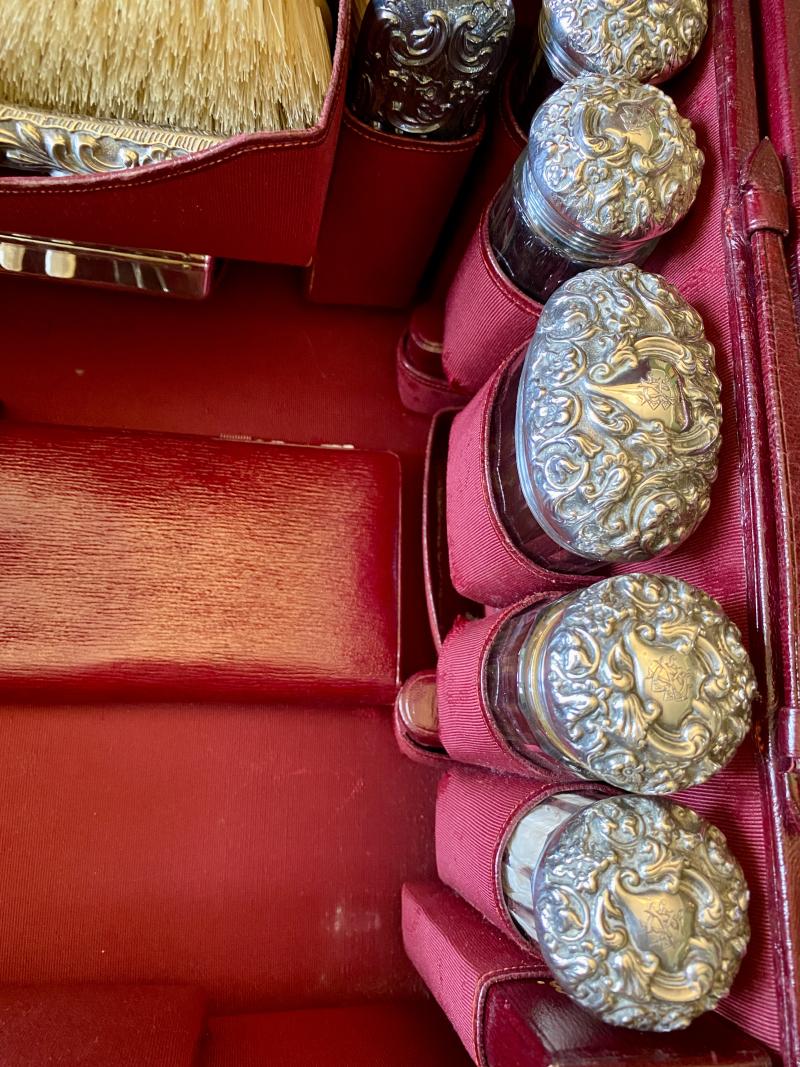 Stunning Victorian Ladies Red Moroccan Leather Travelling Vanity Case with Silver Topped Accessories by Mappin & Webb of London 1901