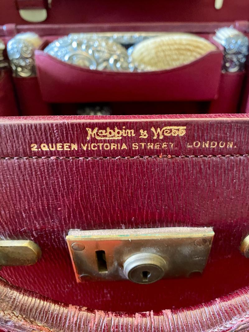 Stunning Victorian Ladies Red Moroccan Leather Travelling Vanity Case with Silver Topped Accessories by Mappin & Webb of London 1901
