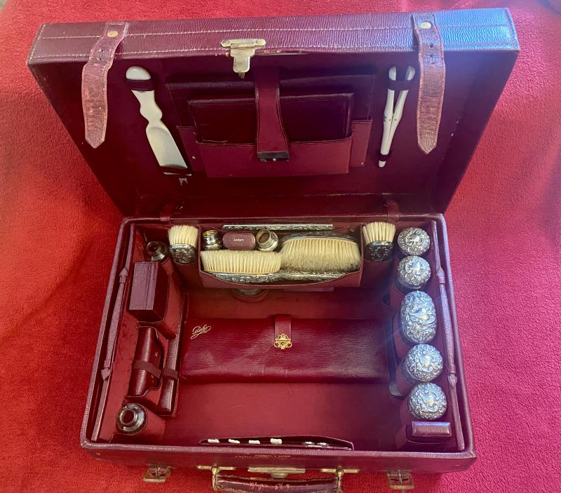 Stunning Victorian Ladies Red Moroccan Leather Travelling Vanity Case with Silver Topped Accessories by Mappin & Webb of London 1901