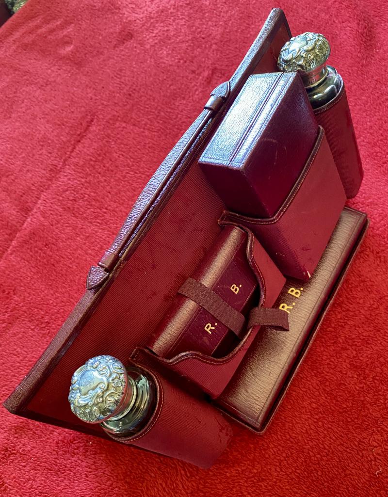 Stunning Victorian Ladies Red Moroccan Leather Travelling Vanity Case with Silver Topped Accessories by Mappin & Webb of London 1901
