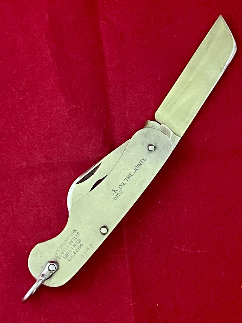 Vintage Unused British Army Folding Two-Piece Stainless Steel Clasp or Jack Knife Dated 1952 with Original Waxed Paper Wrapping