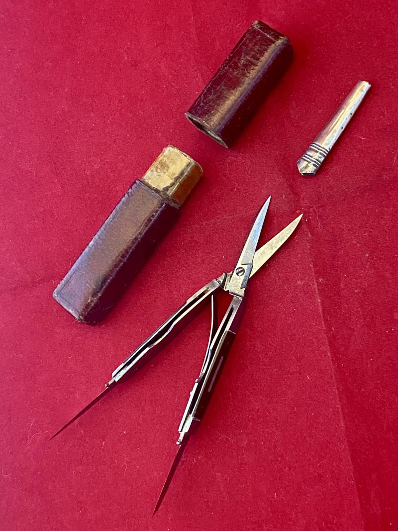 Rare Antique Scissor Multitool with Quill Cutter Folding Blades and Leather Covered Case c1880