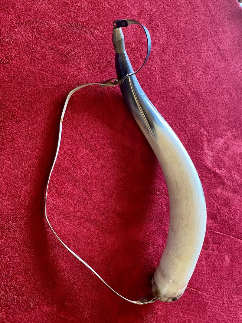 Large 20” Curved Cattle Horn Powder Flask with Carrying Strap and Horn Stopper