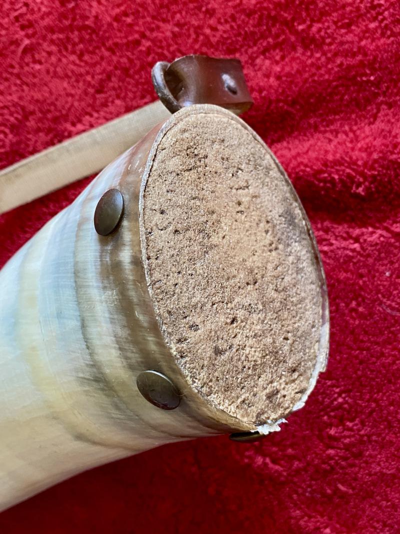Large 20” Curved Cattle Horn Powder Flask with Carrying Strap and Horn Stopper