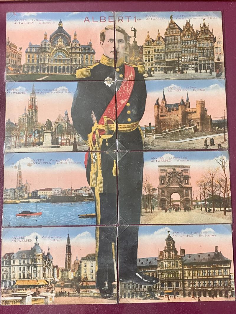 Scarce Framed Set of 8 Coloured Postcards of Landmarks of Antwerp and the Image of Albert I of Belgium