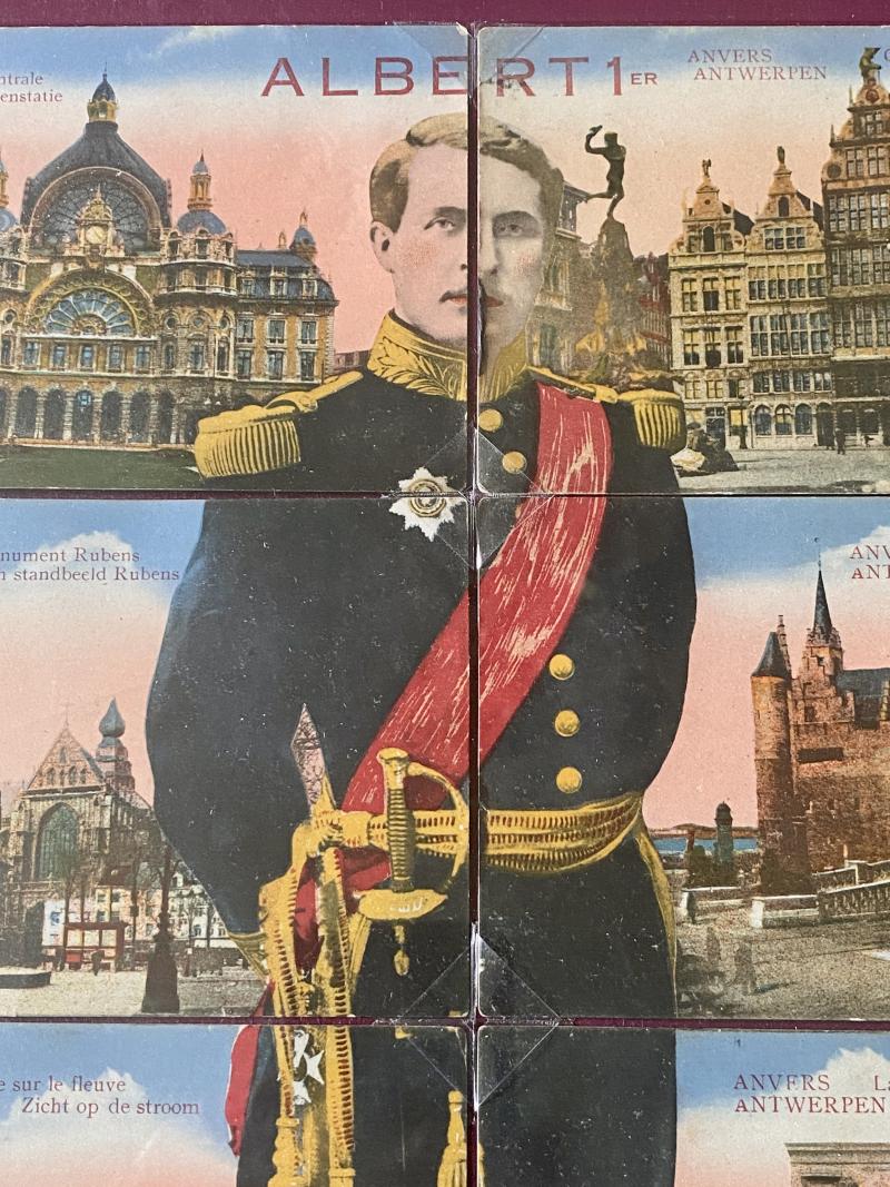Scarce Framed Set of 8 Coloured Postcards of Landmarks of Antwerp and the Image of Albert I of Belgium
