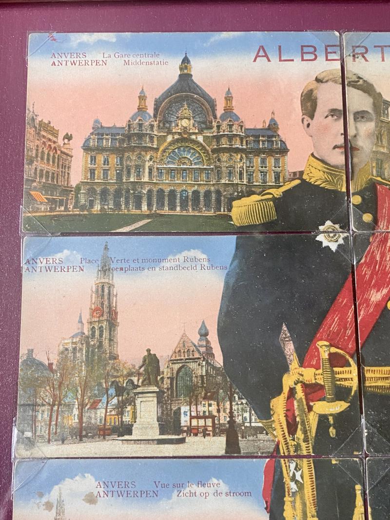 Scarce Framed Set of 8 Coloured Postcards of Landmarks of Antwerp and the Image of Albert I of Belgium