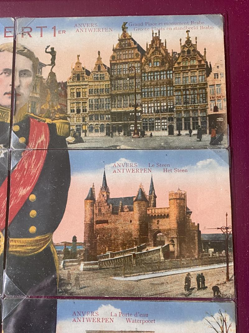 Scarce Framed Set of 8 Coloured Postcards of Landmarks of Antwerp and the Image of Albert I of Belgium