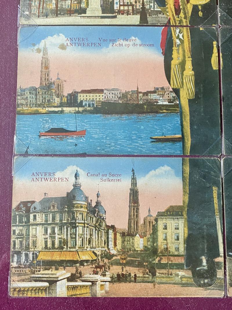Scarce Framed Set of 8 Coloured Postcards of Landmarks of Antwerp and the Image of Albert I of Belgium
