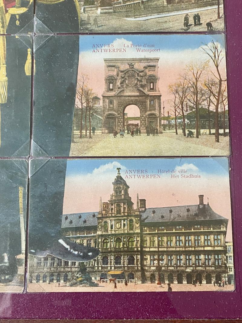 Scarce Framed Set of 8 Coloured Postcards of Landmarks of Antwerp and the Image of Albert I of Belgium