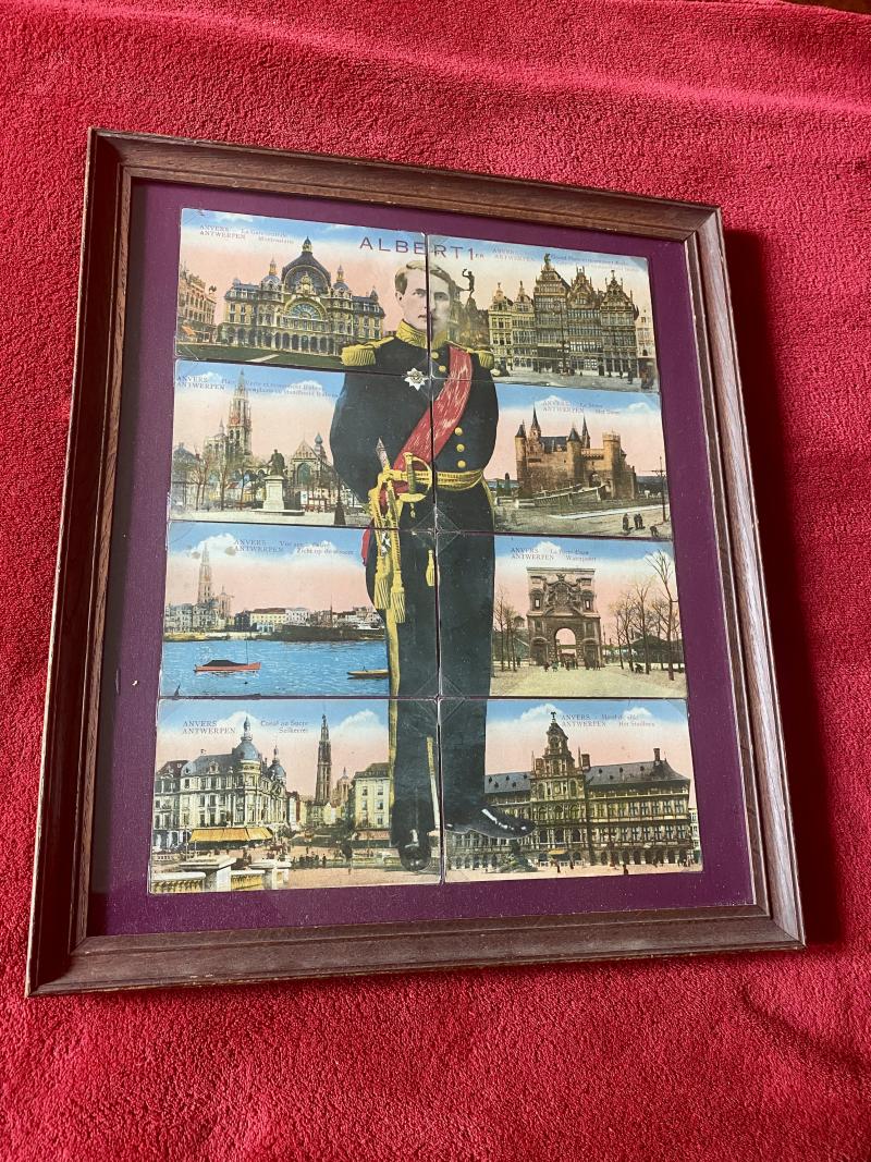 Scarce Framed Set of 8 Coloured Postcards of Landmarks of Antwerp and the Image of Albert I of Belgium