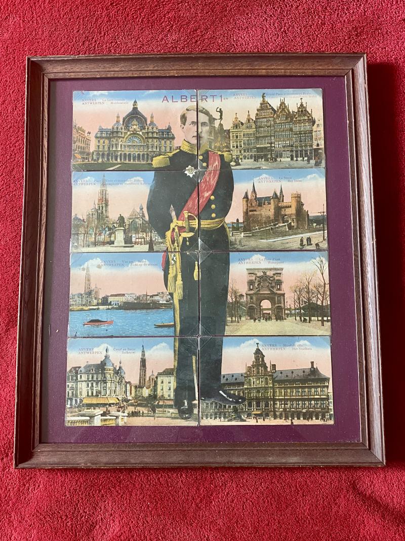 Scarce Framed Set of 8 Coloured Postcards of Landmarks of Antwerp and the Image of Albert I of Belgium