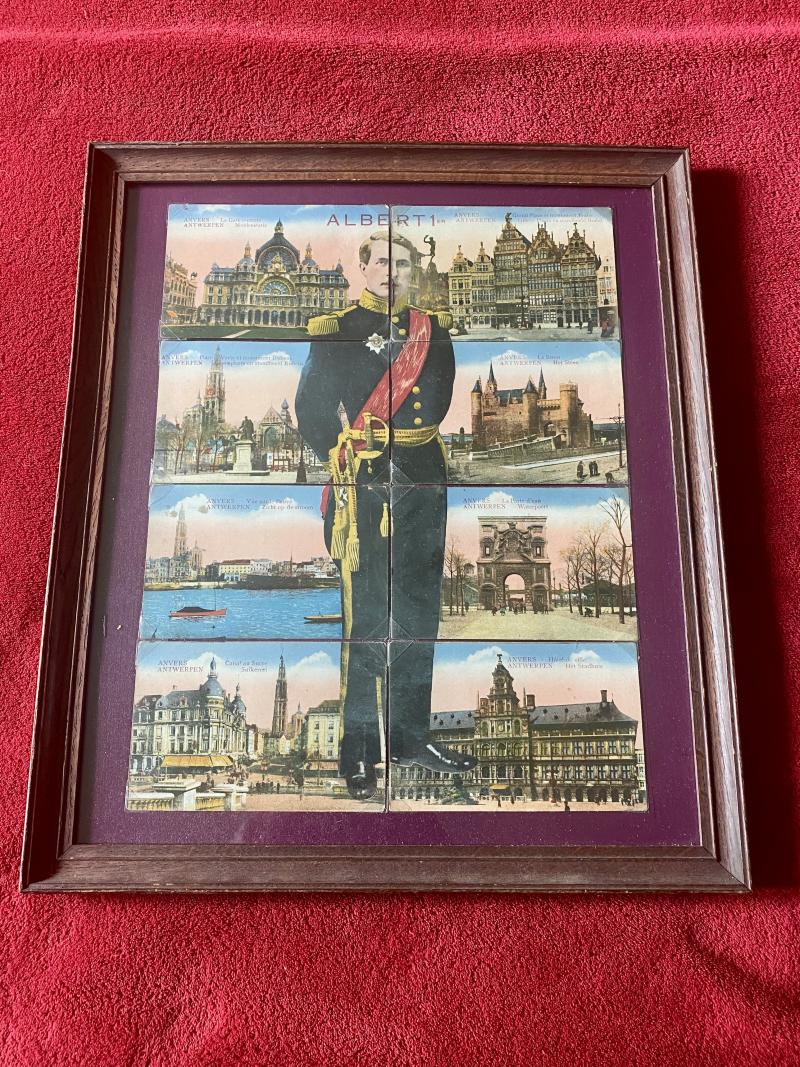 Scarce Framed Set of 8 Coloured Postcards of Landmarks of Antwerp and the Image of Albert I of Belgium