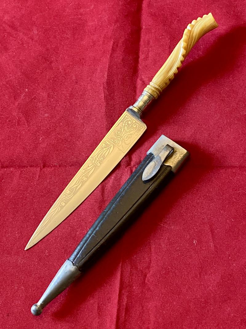 Unusual South American Gaucho Type Knife with Beautiful Striped Lucite Handle and Leather Sheath c1930