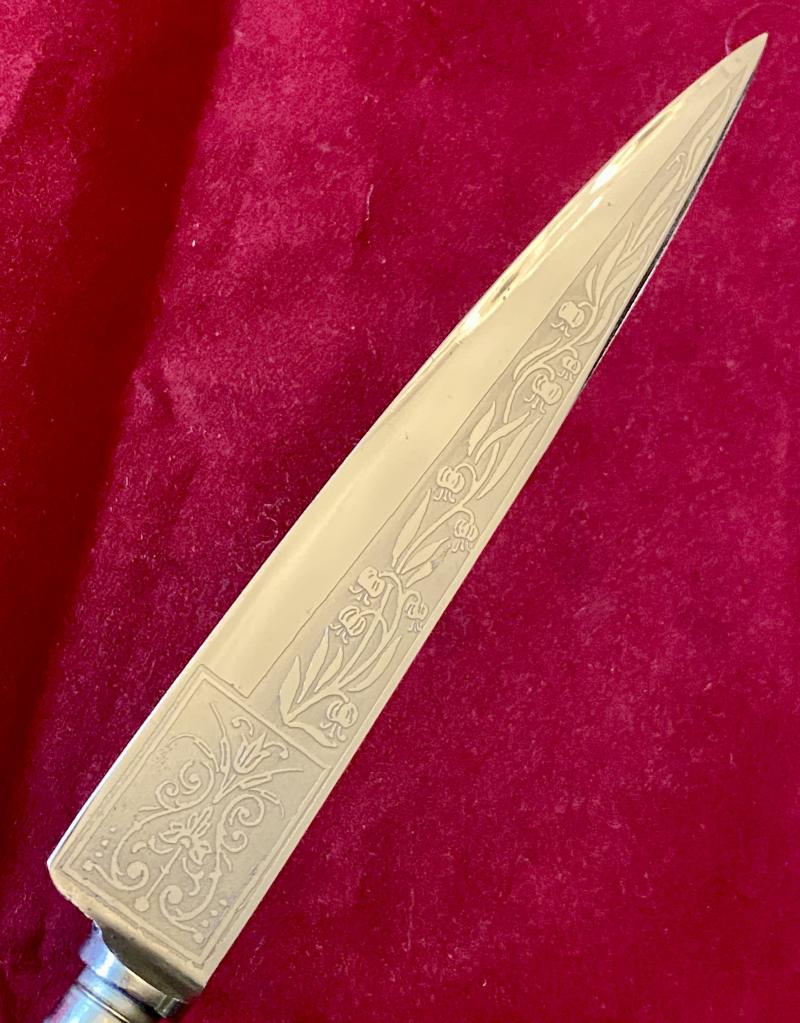 Unusual South American Gaucho Type Knife with Beautiful Striped Lucite Handle and Leather Sheath c1930