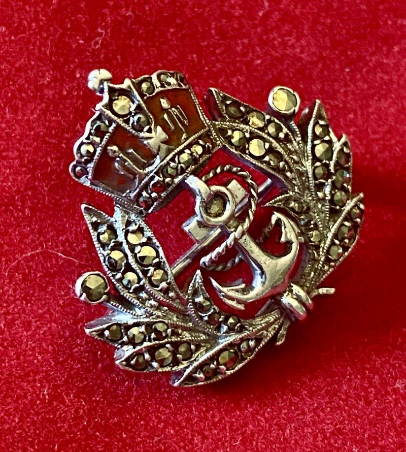 Mint Silver, Enamel and Marcasite Royal Navy Sweetheart Brooch c1930