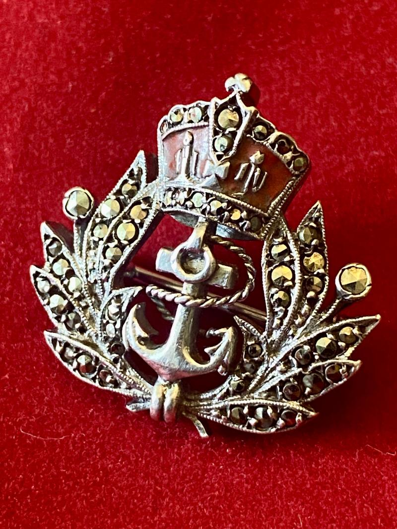 Mint Silver, Enamel and Marcasite Royal Navy Sweetheart Brooch c1930