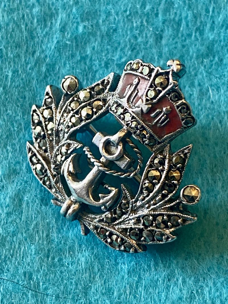 Mint Silver, Enamel and Marcasite Royal Navy Sweetheart Brooch c1930
