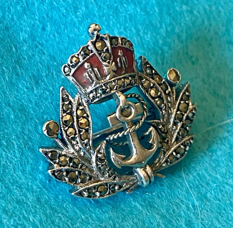 Mint Silver, Enamel and Marcasite Royal Navy Sweetheart Brooch c1930