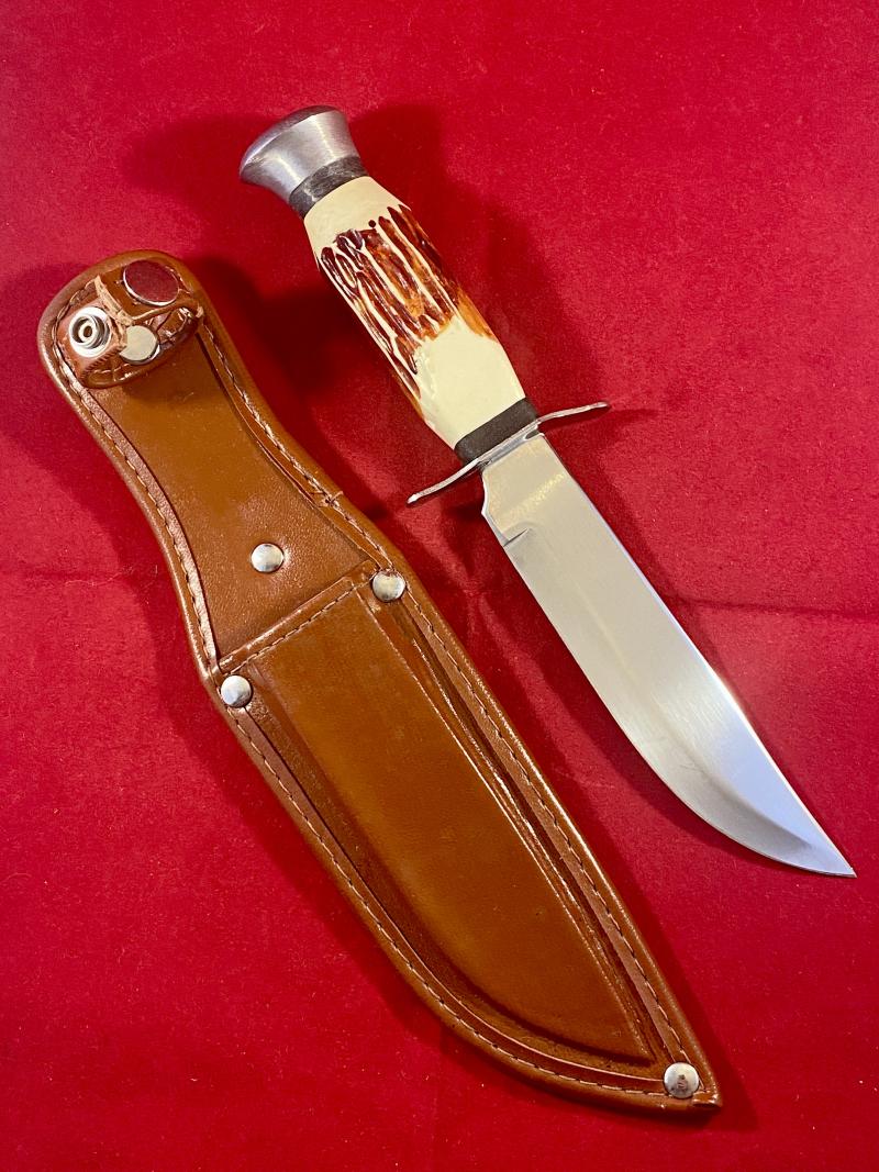 Mint Vintage Hunting Knife with Faux Stag Antler Grip and Leather Sheath by TRAMONTINA Brasil