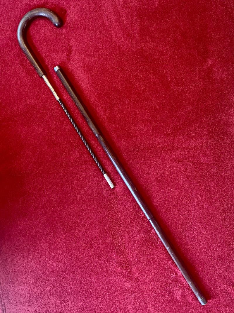 Rare Antique Lacquered Bamboo Crook Handled Walking Stick with Concealed Blackjack or Metal Truncheon c1900