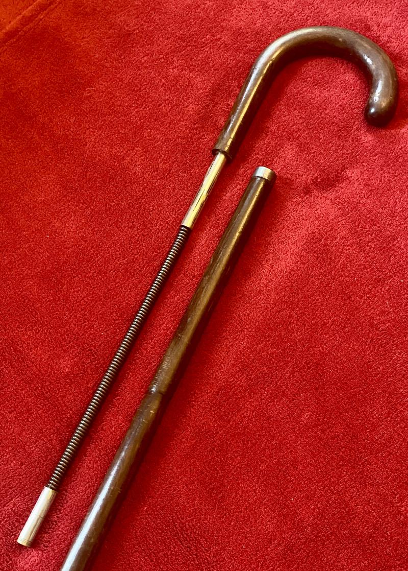 Rare Antique Lacquered Bamboo Crook Handled Walking Stick with Concealed Blackjack or Metal Truncheon c1900