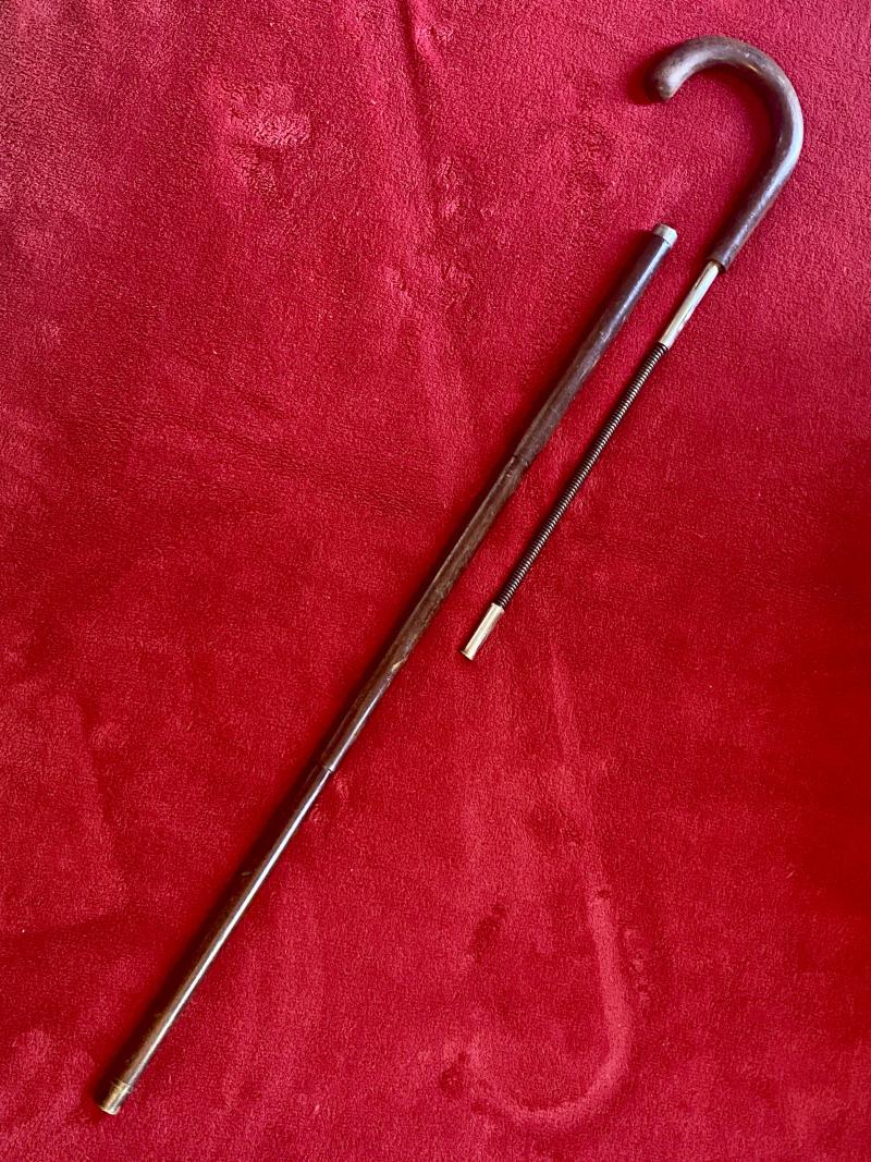 Rare Antique Lacquered Bamboo Crook Handled Walking Stick with Concealed Blackjack or Metal Truncheon c1900