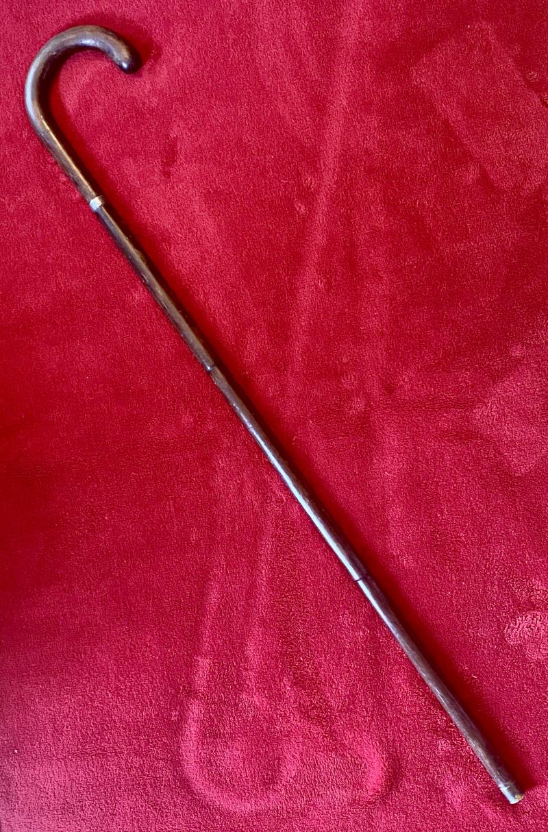 Rare Antique Lacquered Bamboo Crook Handled Walking Stick with Concealed Blackjack or Metal Truncheon c1900