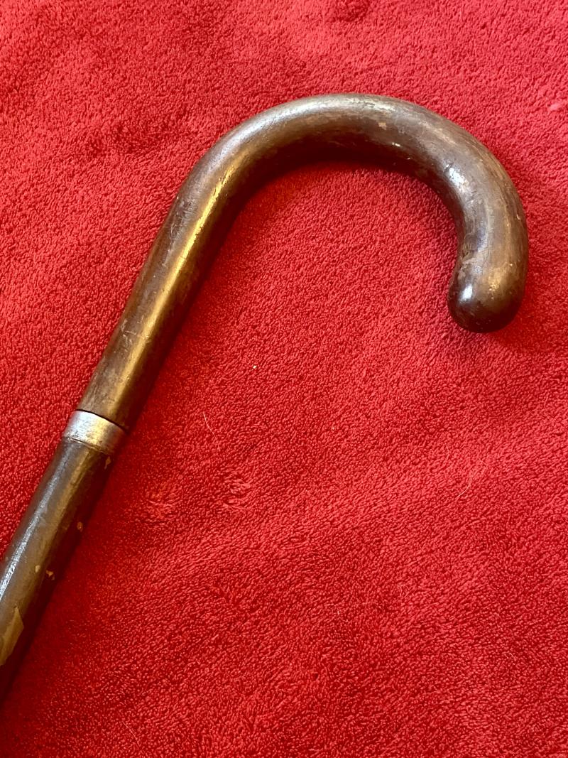 Rare Antique Lacquered Bamboo Crook Handled Walking Stick with Concealed Blackjack or Metal Truncheon c1900