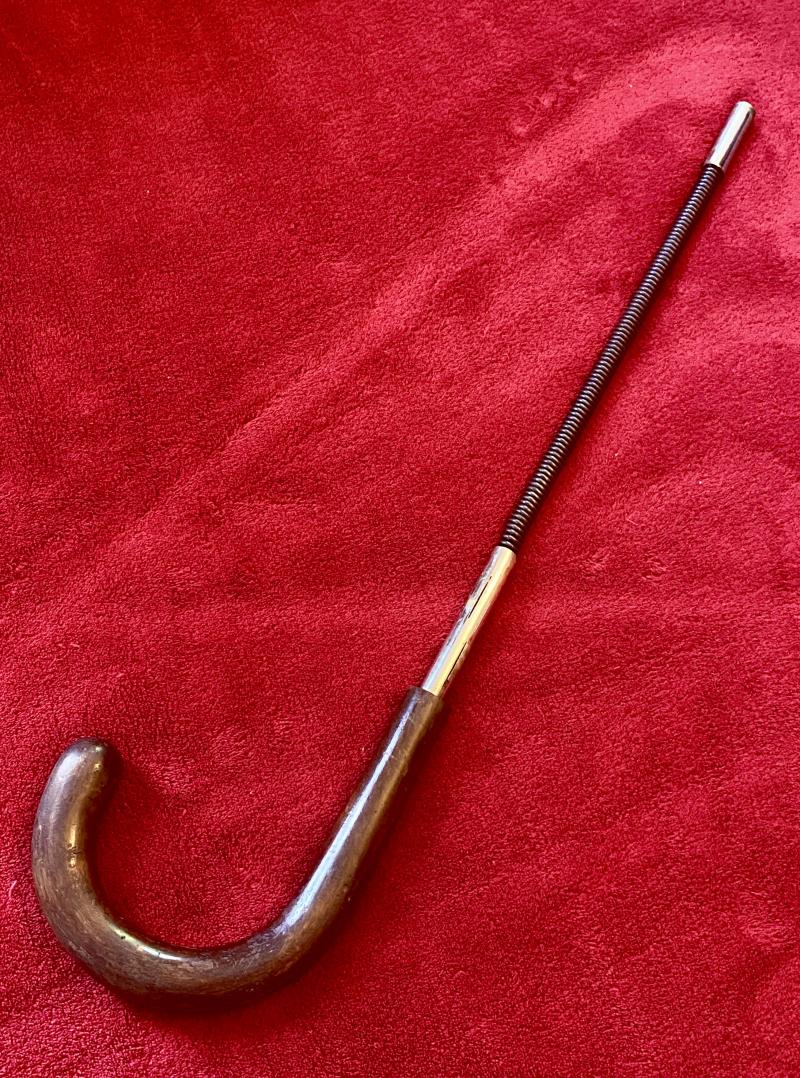 Rare Antique Lacquered Bamboo Crook Handled Walking Stick with Concealed Blackjack or Metal Truncheon c1900