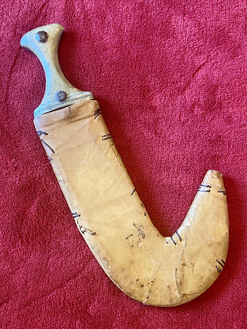 Antique Yemini Jambiya Dagger with Horn Handle with Piqué Work and Leather Covered Sheath c1911