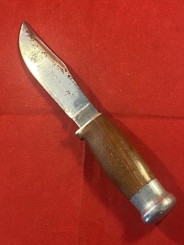 Vintage Hunting “WOODCRAFT” Knife by Wade & Butcher with 4” Blade and Custom made Leather Pocket Sheath