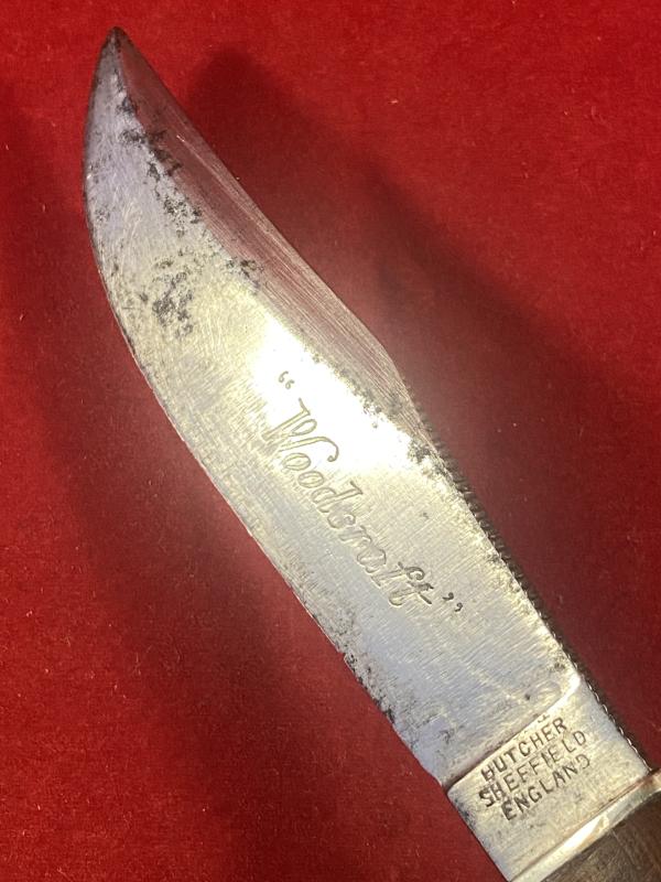 Vintage Hunting “WOODCRAFT” Knife by Wade & Butcher with 4” Blade and Custom made Leather Pocket Sheath