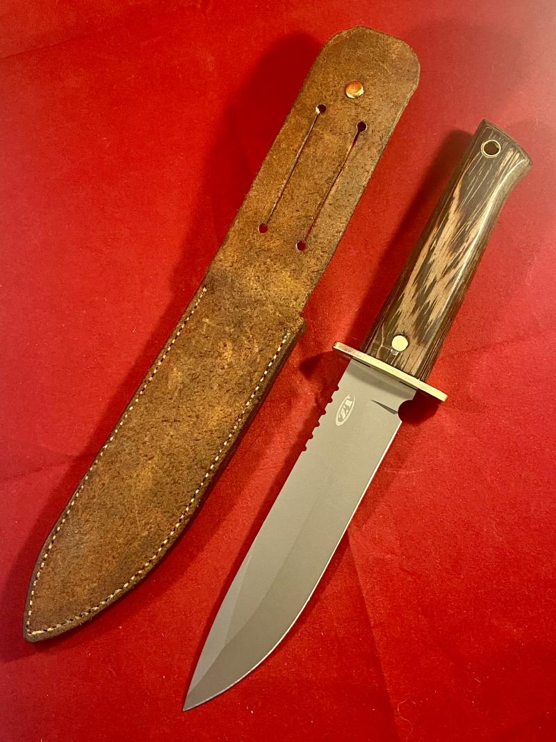 Unique Mint Zero Tolerance 0006 Fixed Blad Survival Knife S/no. 1542 with 6.5” Blade and Custom made Wooden Grip and Leather Sheath