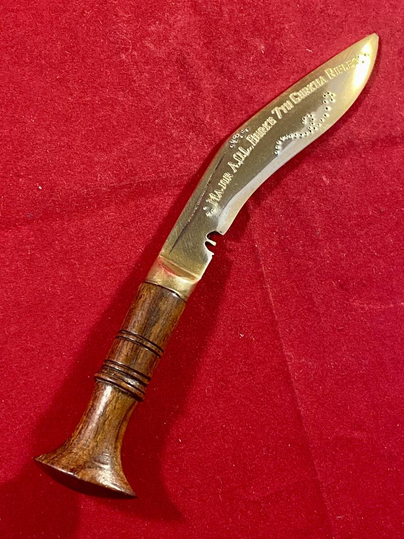 Miniature Kukri Knife with Engraved Dedication to “Major A.O.L Burke 7th Gurkha Rifles” of the Indian Army WW2