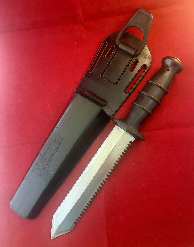 Royal Navy Divers Knife N.S. No. 4220-99-523-9744 by John Nowill & Sons Ltd with Black Plastic Sheath c1970