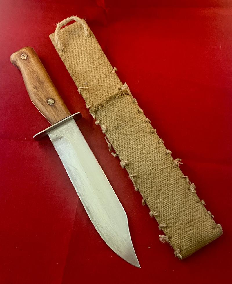 Impressive WW2 Theatre made 7.25” Bowie Blade Fighting Knife with Wooden Grip and Canvas Sheath