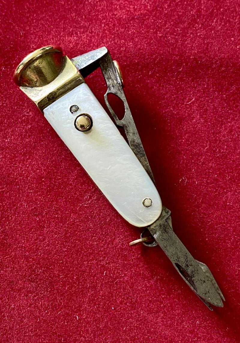 Late Victorian Brass and MOP Cheroot “V” Cutter Multi-tool with Knife and Fork c1880