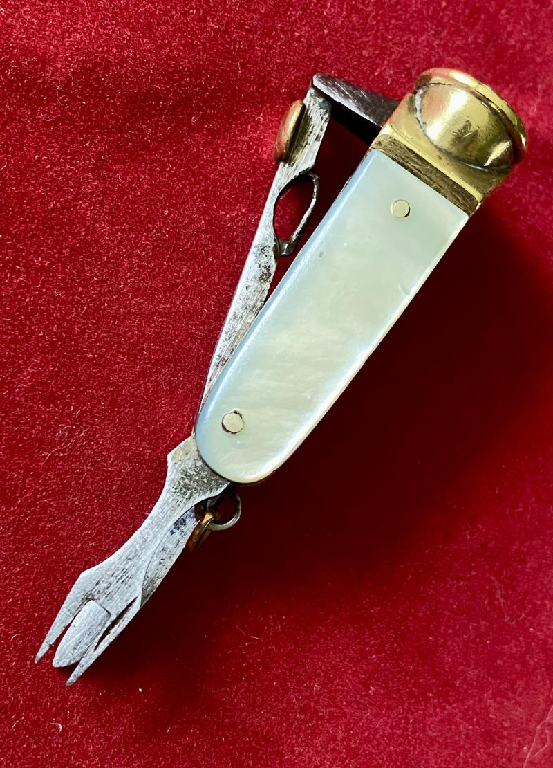Late Victorian Brass and MOP Cheroot “V” Cutter Multi-tool with Knife and Fork c1880