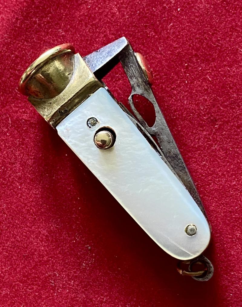 Late Victorian Brass and MOP Cheroot “V” Cutter Multi-tool with Knife and Fork c1880