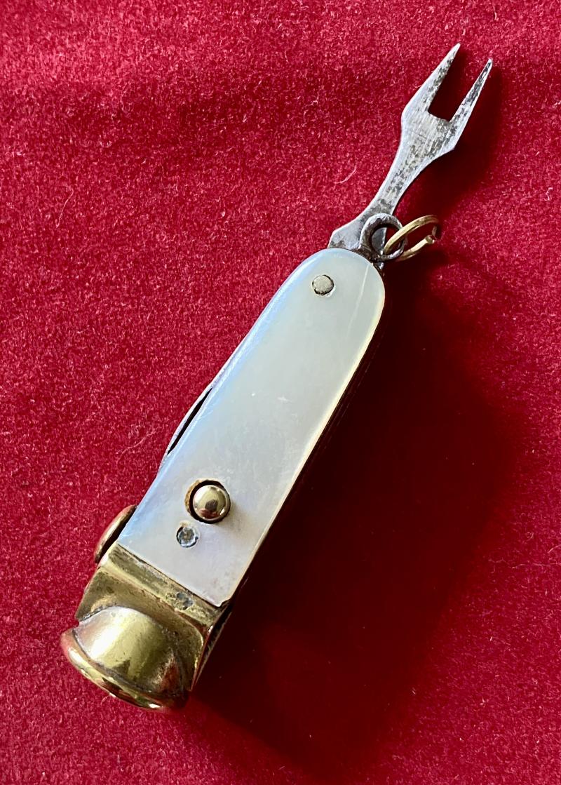 Late Victorian Brass and MOP Cheroot “V” Cutter Multi-tool with Knife and Fork c1880