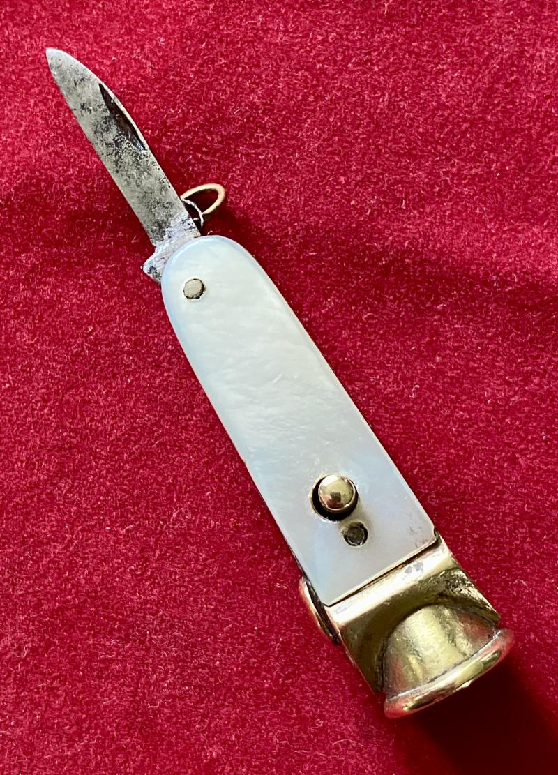Late Victorian Brass and MOP Cheroot “V” Cutter Multi-tool with Knife and Fork c1880