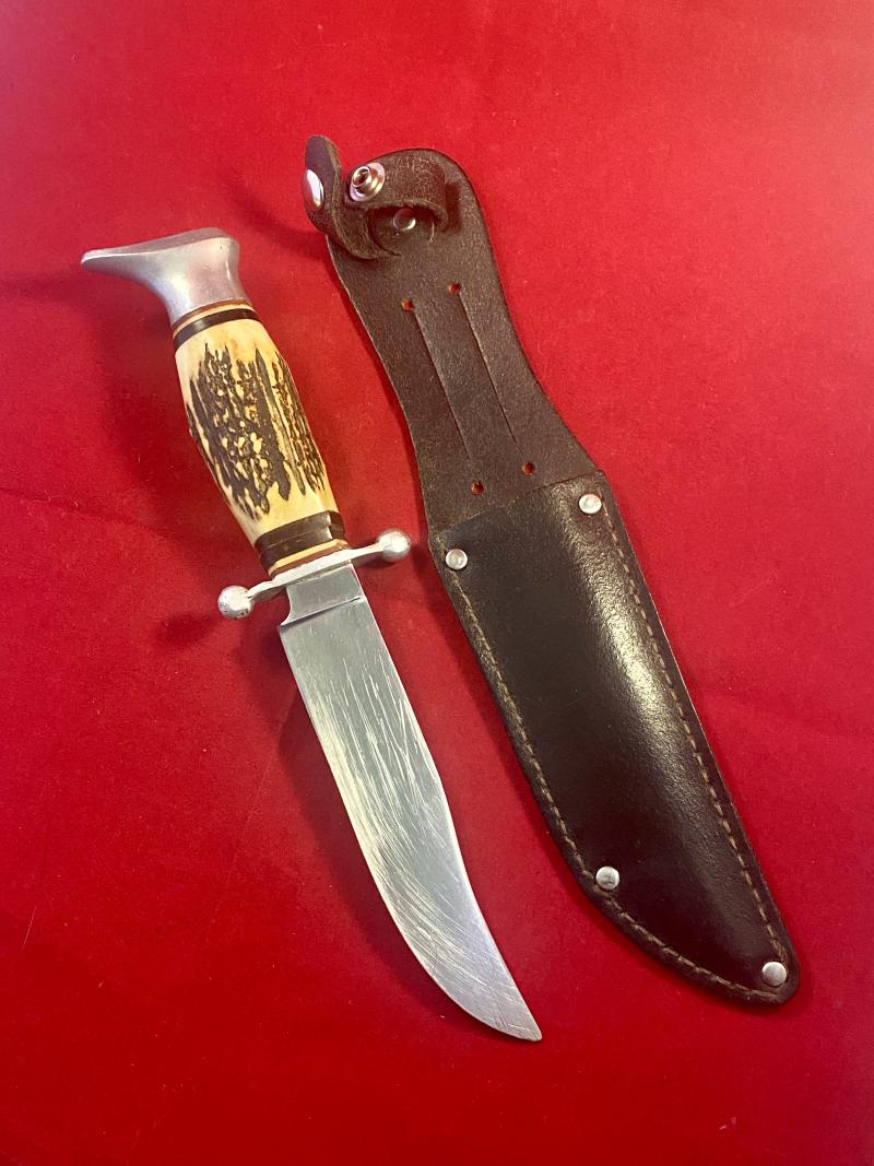 Vintage Hunting Knife with 5.25” Bowie Blade, Stag Grip and Black Leather Sheath by Hirschkrone of Solingen