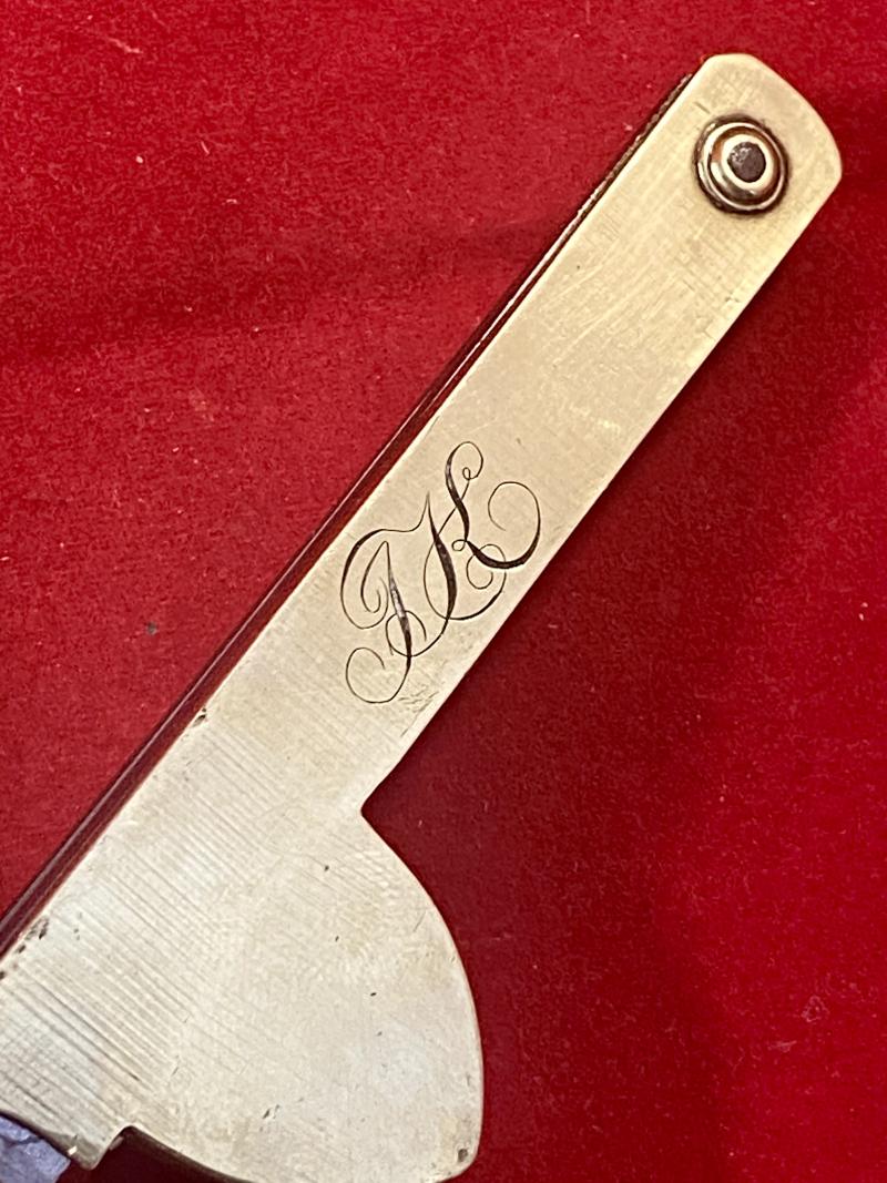 Fine Antique Three Fan Bladed Medical Bloodletting Fleam with Brass Grip Engraved with Initials JK