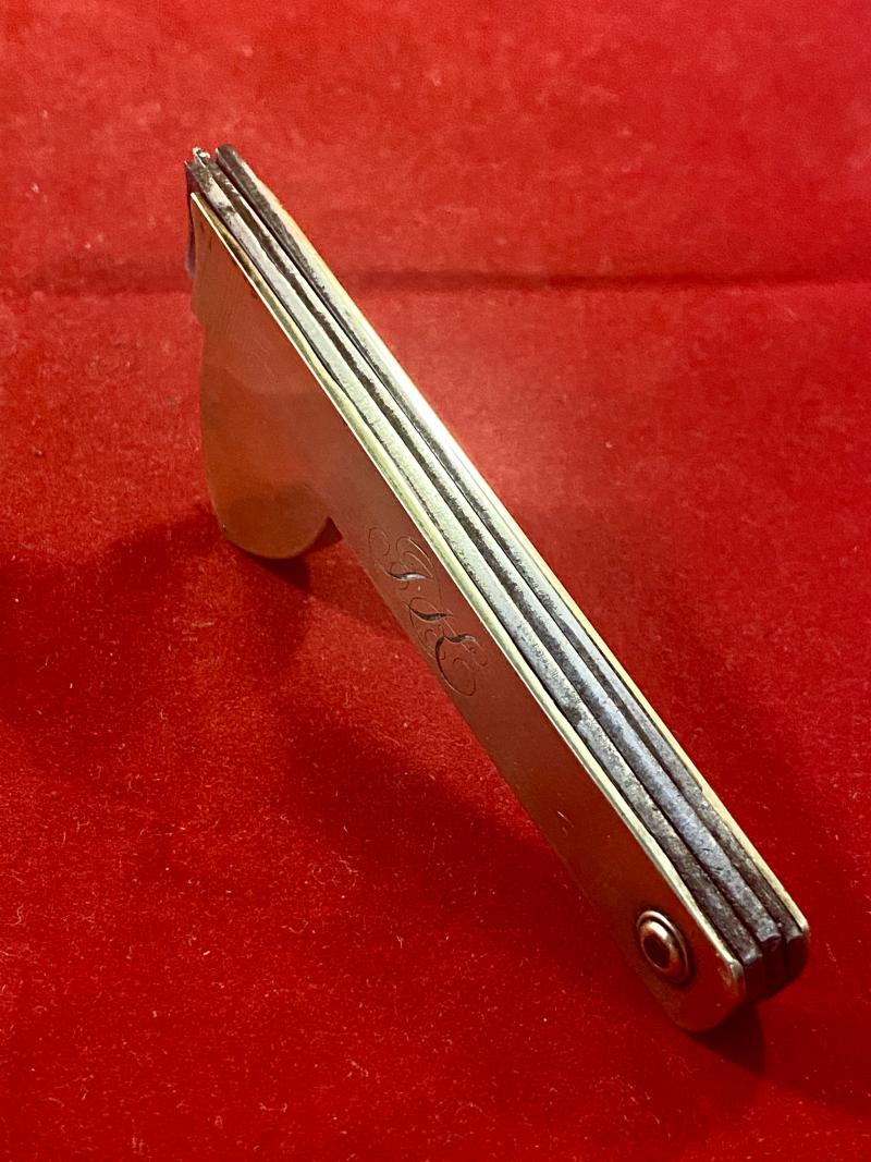 Fine Antique Three Fan Bladed Medical Bloodletting Fleam with Brass Grip Engraved with Initials JK