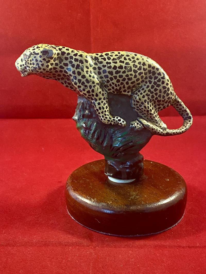 Unusual Vintage Hand Painted Jaguar Car or Panther Motorcycle Mascot Mounted on Wooden Plinth c1940